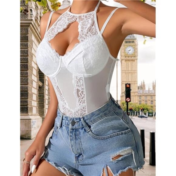 Women Teddy Lingerie Sexy Snap Crotch Lace Bodysuit White - Picture 6 of 6